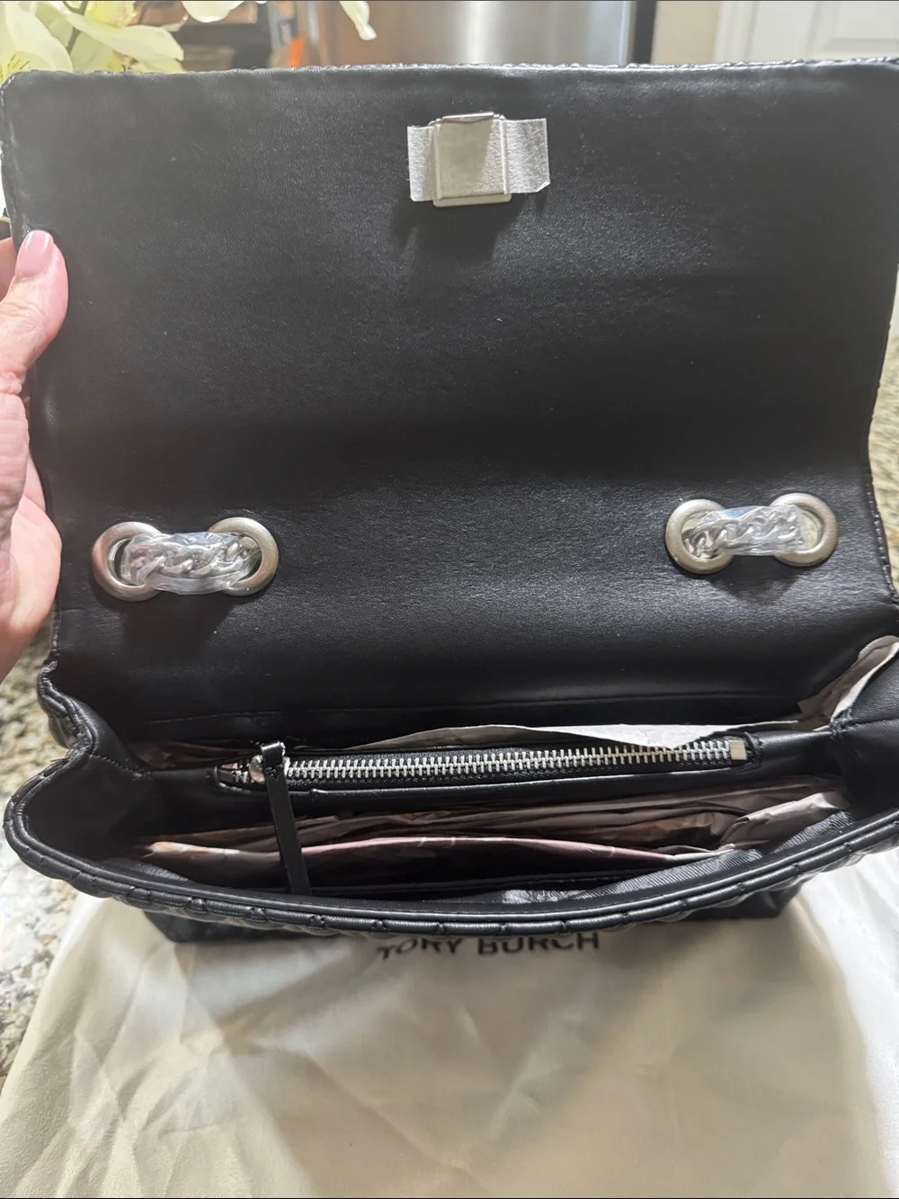 Tory Burch Black Quilted Leather Shoulder Bag with Chain Strap